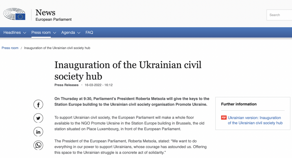 Press release from the official website of the European Parliament: Keys to Station Europe given to the NGO Promote Ukraine